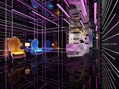 Modern Hotel Lobby Interior With Colorful Lighting And Geometric Design Elements 3d model