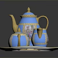 Handcrafted Porcelain Sculpture Tea Set With Blue Tray And Gold Decorative Patterns