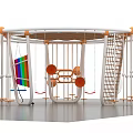 Commercial Playground Structure With Circular Design Orange Platforms Grid Climbing Net And Hanging Swings