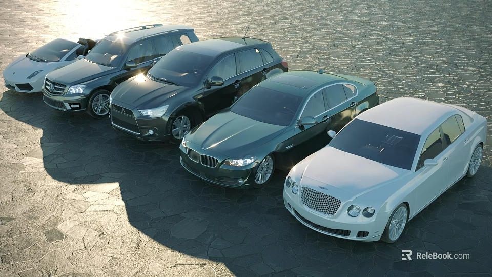 Different Luxury Cars Parked By Waterfront On Stone Pavement Under Sunlight 3d model 