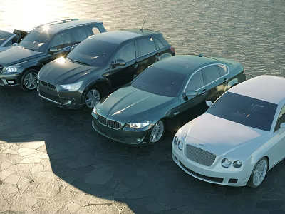 Different Luxury Cars Parked By Waterfront On Stone Pavement Under Sunlight 3d model