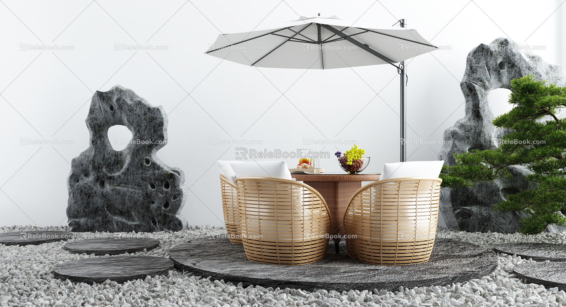 New Chinese style landscape sketch outdoor courtyard landscape leisure parasol 3d model