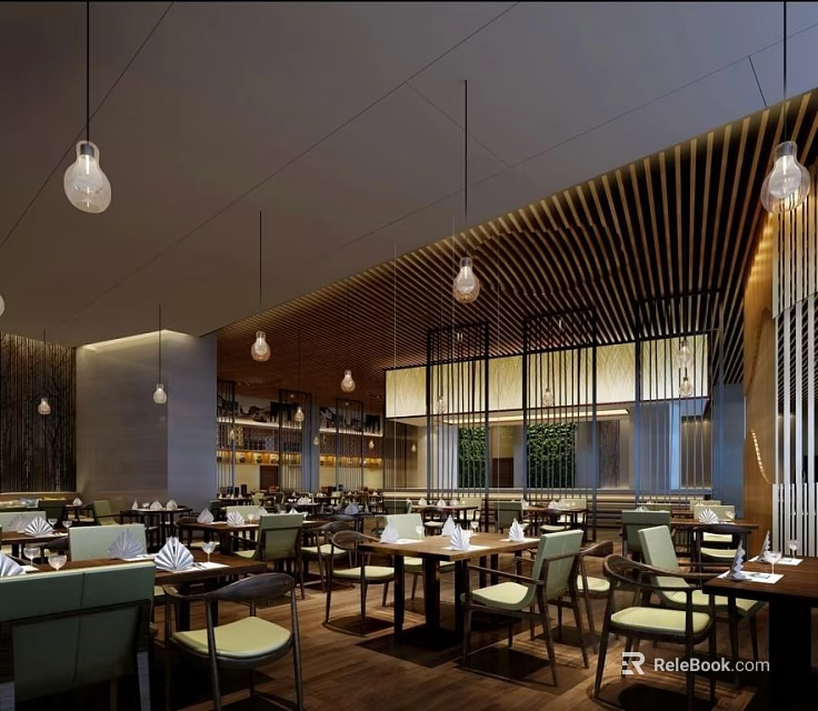 Elegant Restaurant Interior With Wooden Paneling Hanging Lights Dining Tables And Chairs 3d model 