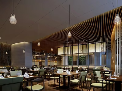 Elegant Restaurant Interior With Wooden Paneling Hanging Lights Dining Tables And Chairs 3d model
