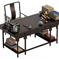Traditional Wooden Desk With Stacked Books Inkstone Brush And Lower Shelves