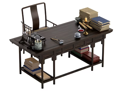 Traditional Wooden Desk With Stacked Books Inkstone Brush And Lower Shelves 3d model