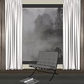 Elegant White And Brown Curtains For Modern Interior With Window View And Black Chair