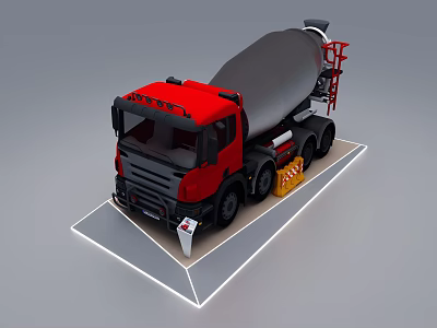 Concrete Mixer Truck with Red Cab Gray Mixer Drum Yellow Warning Signs and Ladder Structure 3d model