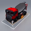 Concrete Mixer Truck with Red Cab Gray Mixer Drum Yellow Warning Signs and Ladder Structure