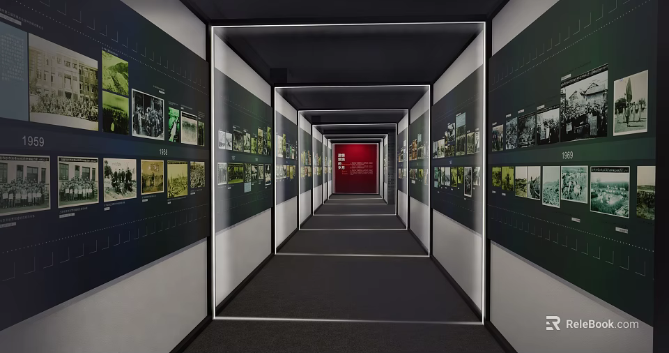 Exhibition Corridor With Black Walls White Framed Photos Red Background And Carpet 3d model 
