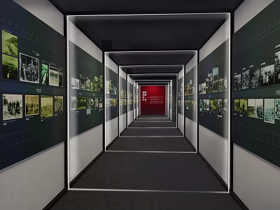 Exhibition Corridor With Black Walls White Framed Photos Red Background And Carpet 3d model