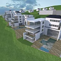 Modern Detached Villa Exterior with Large Glass Windows Swimming Pool Green Lawn and Courtyard