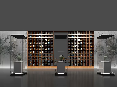Contemporary Museum Interior With Wooden Display Shelves And Green Artifact Pedestals 3d model