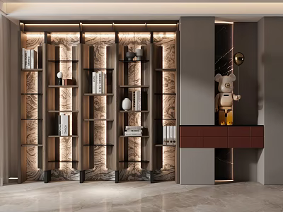 Modern Bookcase Interior With Marble Background Layered Shelves LED Lighting And Decorative Items 3d model