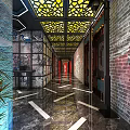 Elevator Hallway Interior With Decorative Ceiling Brick Walls And Shiny Geometric Floor 3d model
