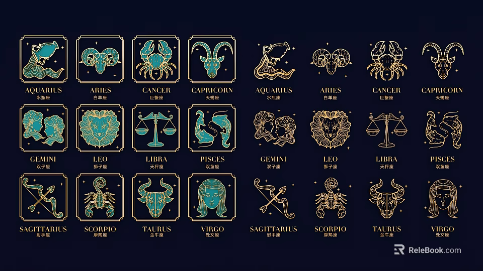 Exquisite Twelve Zodiac Carvings with Turquoise Icons on Dark Blue Background and Golden Borders 3d model 