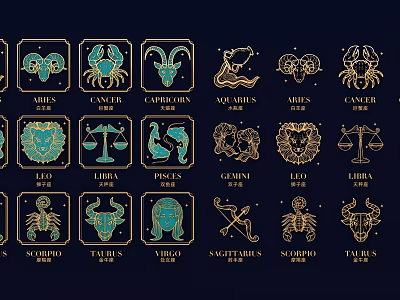 Exquisite Twelve Zodiac Carvings with Turquoise Icons on Dark Blue Background and Golden Borders 3d model