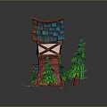 Fairy Tale Style Cottage With Blue Roof Red Brick Walls Wooden Beams Pine Trees And Clouds