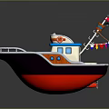 Colorful Wooden Boat with Orange Deck Blue Upper Structure Red Hull Lifesaver and Flag Mast