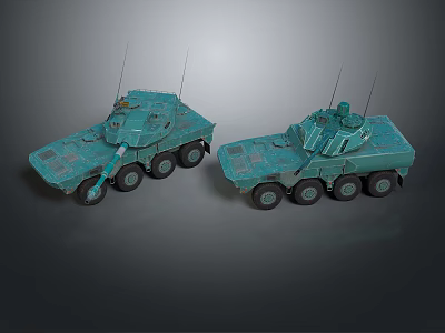 Two Teal Military Armored Wheeled Vehicles With Antennas And Tactical Equipment 3d model