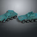 Two Teal Military Armored Wheeled Vehicles With Antennas And Tactical Equipment