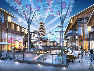 Vibrant Commercial Street With Colorful Canopy Lights Modern Buildings Outdoor Seating Areas And Pedestrians Shopping Dining 3d model
