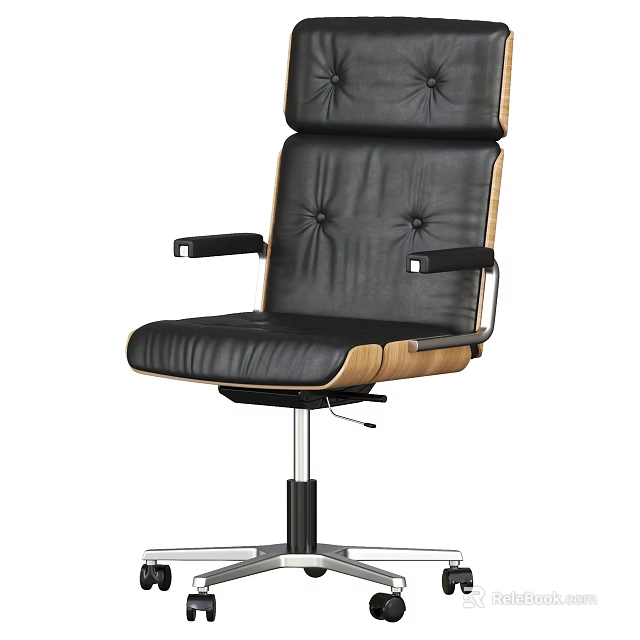 Black Leather Office Chair With Button Tufted Backrest Wooden Accents And Metal Base 3d model 