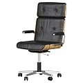 Black Leather Office Chair With Button Tufted Backrest Wooden Accents And Metal Base