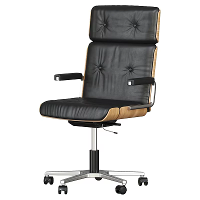 Black Leather Office Chair With Button Tufted Backrest Wooden Accents And Metal Base 3d model