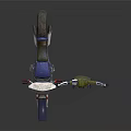 Hooded Action Figure With Arms Outstretched Next To Blue Motorcycle Red Wheels White Front