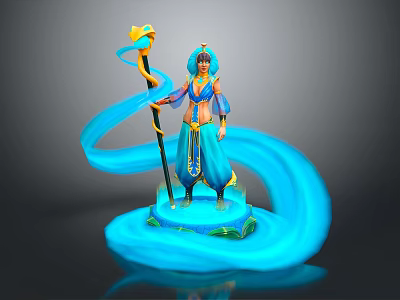 Game Movie Character In Blue Robe Turban Holding Star Staff With Blue Ribbons 3d model