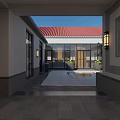 Traditional Courtyard Landscape With Red Roof White Building Paved Ground Lantern Lamps And Potted Plants