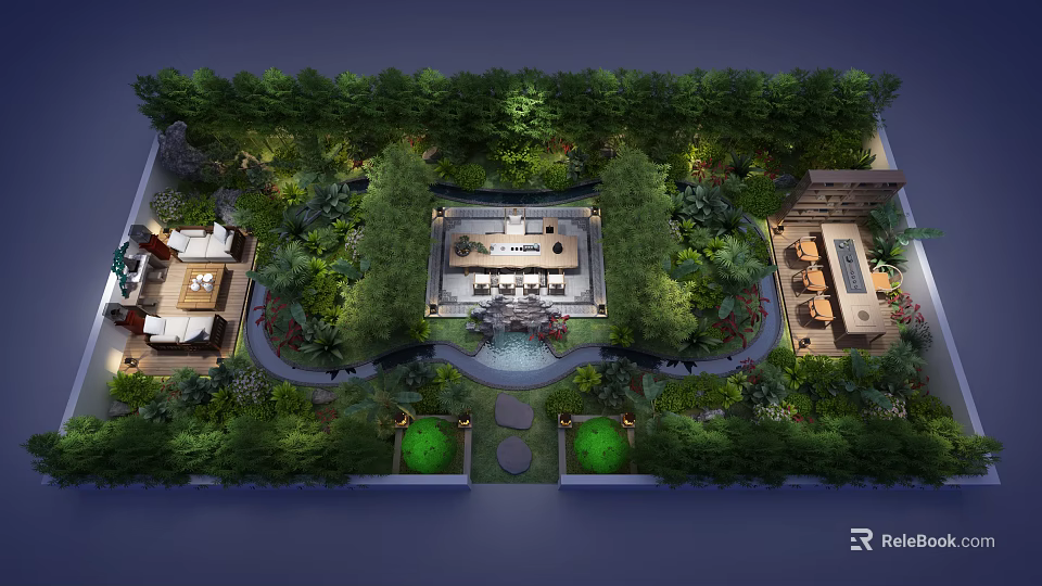 Serene Garden Landscape With Lush Greenery Central Water Feature Pathways And Seating Areas 3d model 