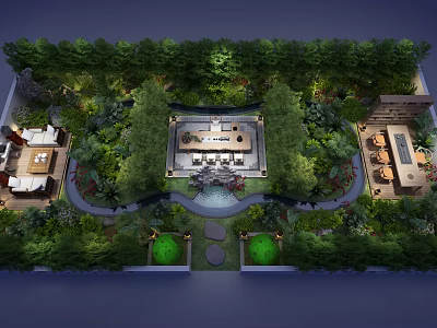 Serene Garden Landscape With Lush Greenery Central Water Feature Pathways And Seating Areas 3d model