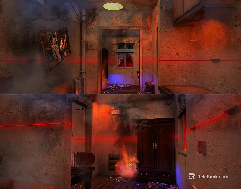 Abandoned Commercial Street Shop With Flames Red Laser Lights And Dilapidated Walls 3d model 