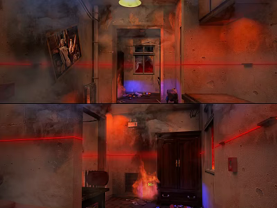 Abandoned Commercial Street Shop With Flames Red Laser Lights And Dilapidated Walls 3d model