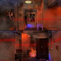 Abandoned Commercial Street Shop With Flames Red Laser Lights And Dilapidated Walls