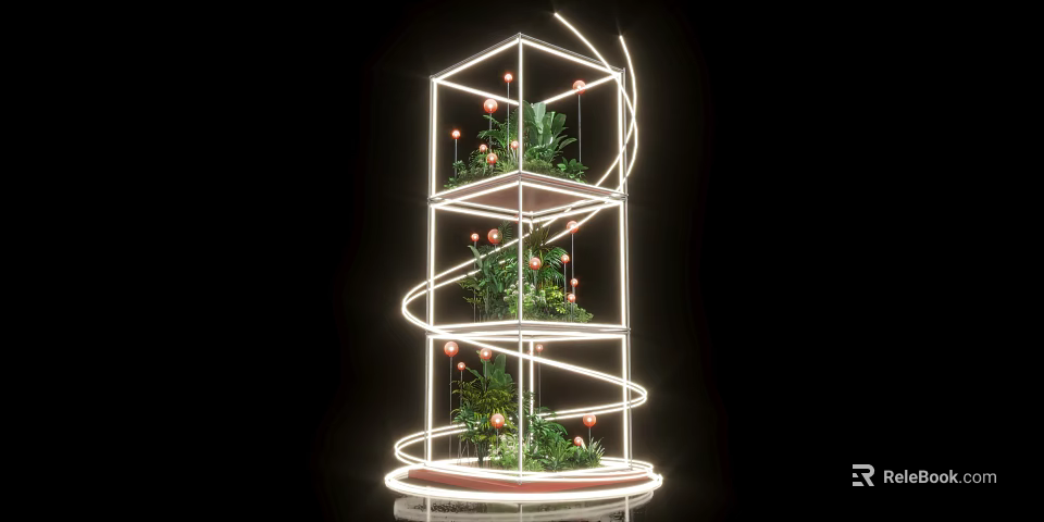 Multi Tiered Floral Installation With Spiral Illuminated Lines Green Plants And Red Flowers 3d model 