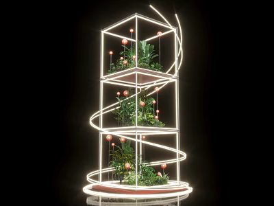 Multi Tiered Floral Installation With Spiral Illuminated Lines Green Plants And Red Flowers 3d model