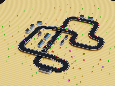 Electric Toy Racing Track with Curves Small Houses and Green Trees 3d model