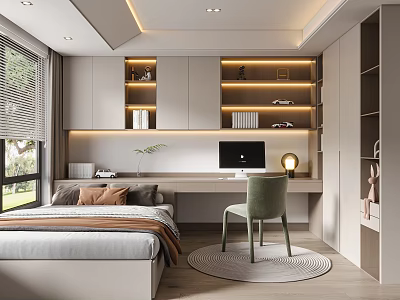 Tatami Bedroom Interior Design With Cozy Bed Desk Computer Chair Bookshelves And Window 3d model