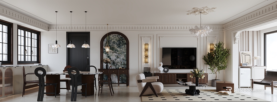 Elegant Modern Dining and Living Room Interior With Sofa Dining Table And Pendant Lights 3d model 