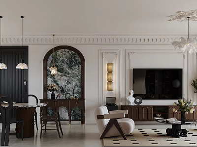 Elegant Modern Dining and Living Room Interior With Sofa Dining Table And Pendant Lights 3d model