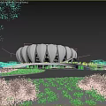 Modern Architectural Landmark With Unique Silver Streamlined Exterior Grassy Area And People