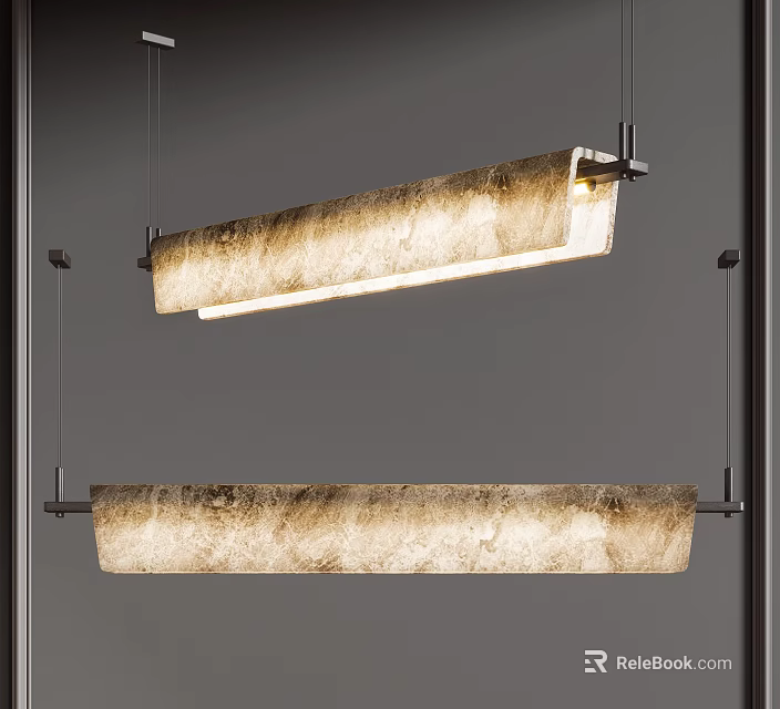 Modern Long Chandelier With Natural Texture And Metal Frame For Interior Decor 3d model 