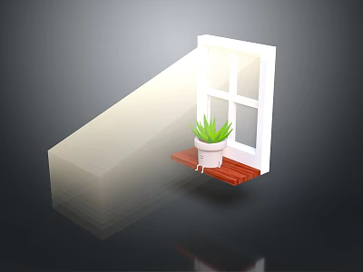 Casement Window Design With Wooden Sill And Potted Plant In Natural Light 3d model