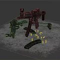 Tactical Weapons Including Two Black Guns With Bullets And Magazines On Snowy Ground
