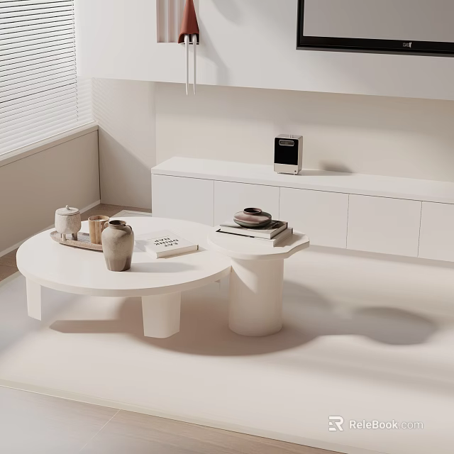 Modern Minimalist Sofa and Coffee Table Set in White with Cups Vase Books and Cabinets 3d model 