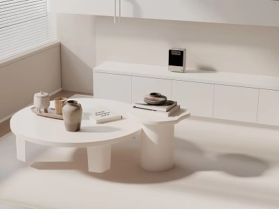 Modern Minimalist Sofa and Coffee Table Set in White with Cups Vase Books and Cabinets 3d model