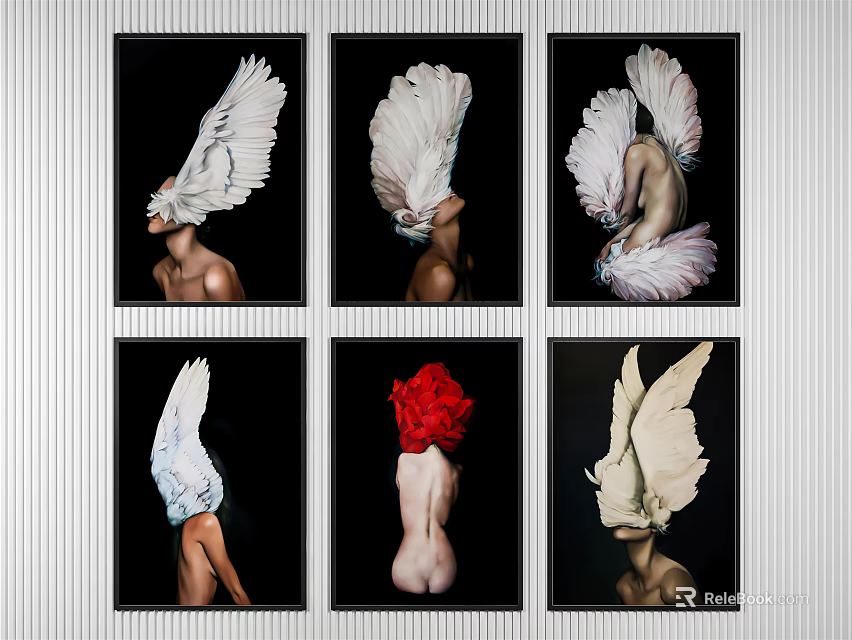 Six Framed Figure Paintings with Feather and Red Flower Headpieces Against Black Background 3d model 